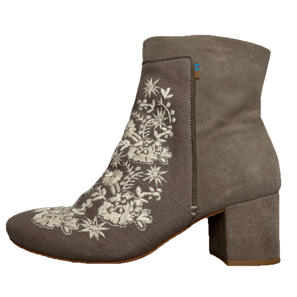 Toms Evie Floral Embroidered Suede Canvas Block Heel Boot Taupe‎  Women's 7